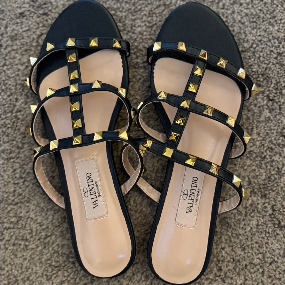 Valentino Black and Gold Studded Sandals